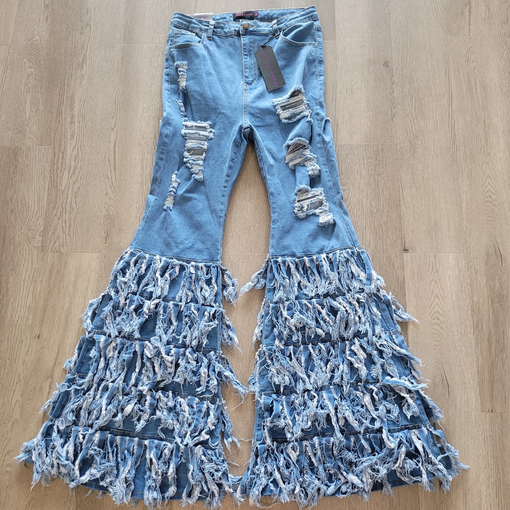 NWT PURPLE CANDY Frayed Flare Bell Bottom Fringe Y2K Light Blue Jeans Size XL